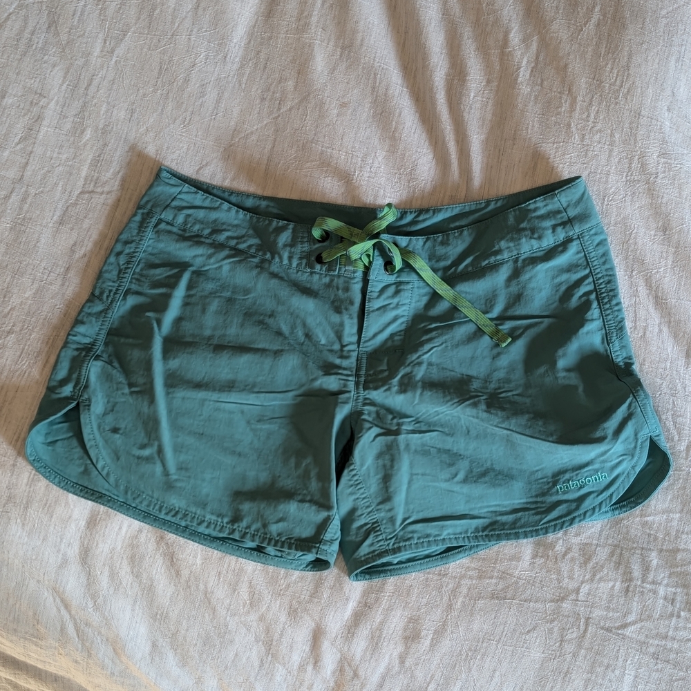 Patagonia Teal Green Running Shorts with Lime Drawcord